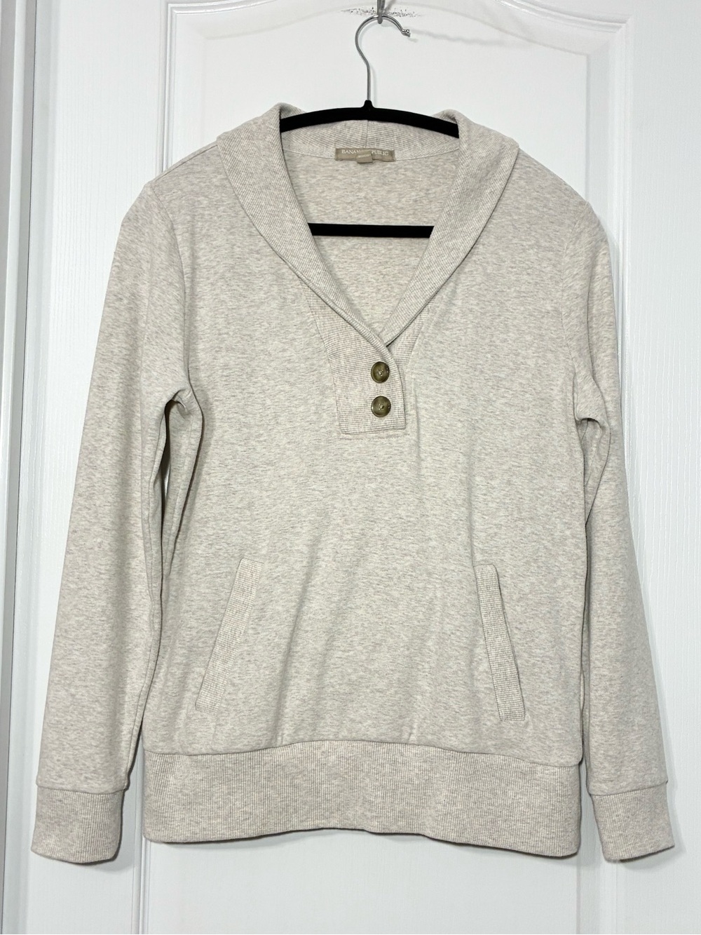 Banana Republic Shawl Collar 2 Button Pullover Knit Top Heather Cream Size Small